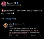 Slipz confirms brand new IRL stream. (Image via X)